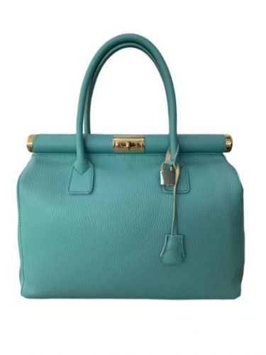 Handbag with two handles in genuine dollar leather- Turquoise