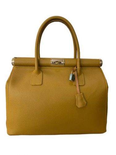 Handbag with two handles in genuine dollar leather- Mustard