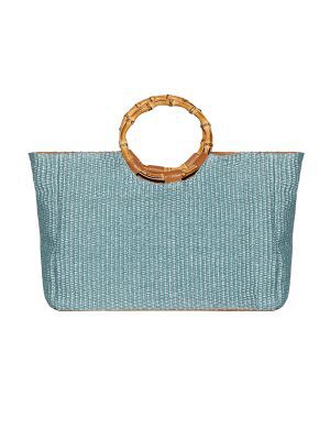 Handbag in wool-knitted raffia trimmed with cowhide leather- Sky Blue