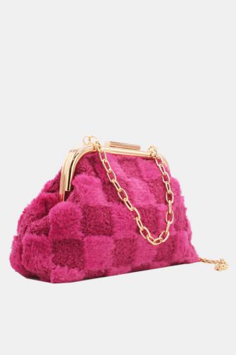 Faux Fur Clutch With Chain - Pink