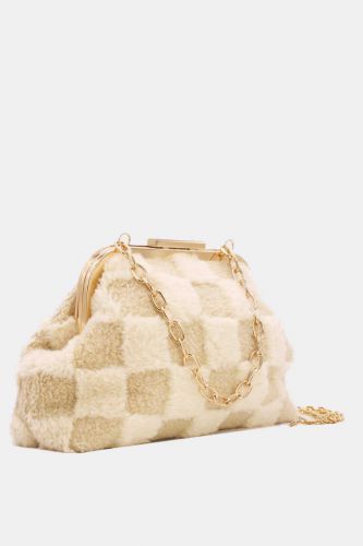 Faux Fur Clutch With Chain - Apricot